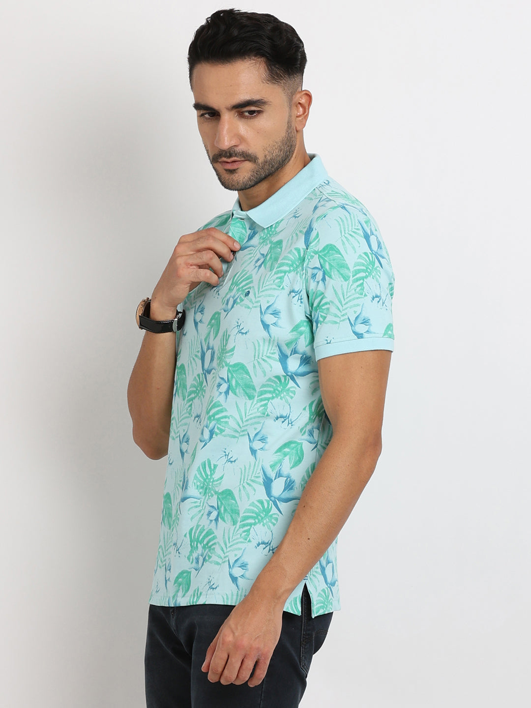 Cotton Stretch Light Blue Printed Polo Neck Half Sleeve Casual T-Shirt