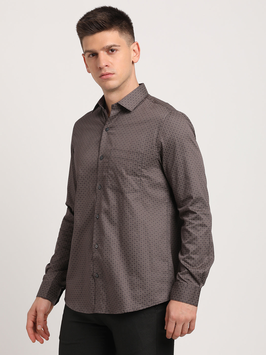 100% Cotton Brown Printed Slim Fit Full Sleeve Formal Shirt