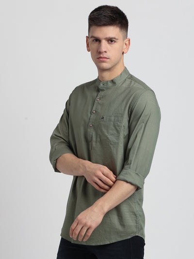 100% Cotton Olive Plain Kurta Full Sleeve Casual Shirt