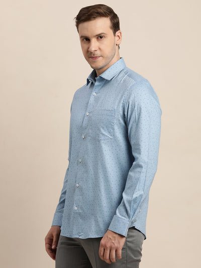 100% Cotton Light Blue Printed Slim Fit Full Sleeve Formal Shirt