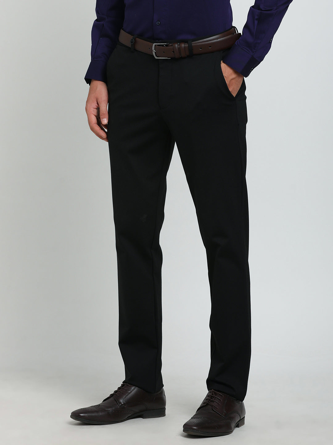 Cotton Black Plain Slim Fit Flat Front Ceremonial Trouser