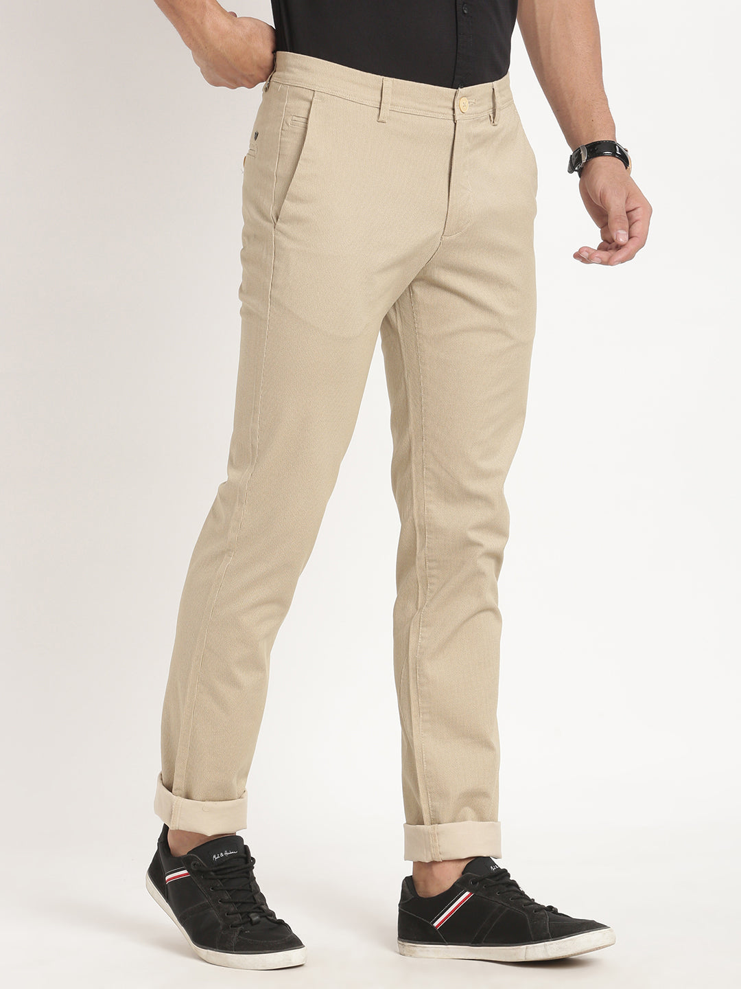 Cotton Stretch Beige Printed Narrow Fit Flat Front Casual Trouser