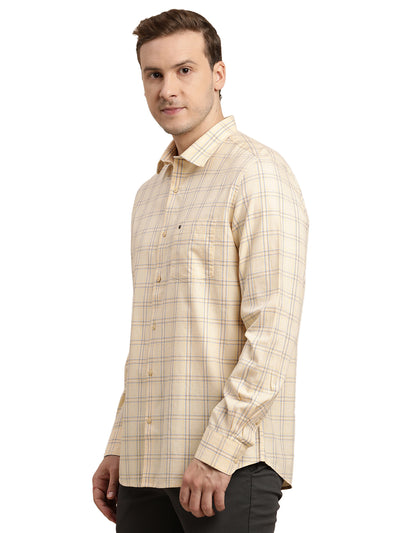 100% Cotton Beige Checkered Slim Fit Full Sleeve Casual Shirt