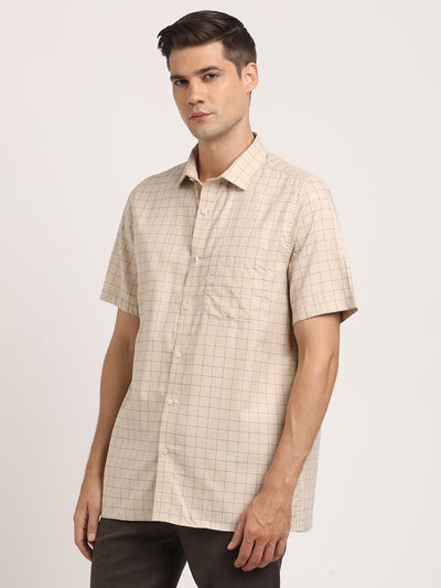 100% Cotton Beige Checkered Regular Fit Half Sleeve Formal Shirt