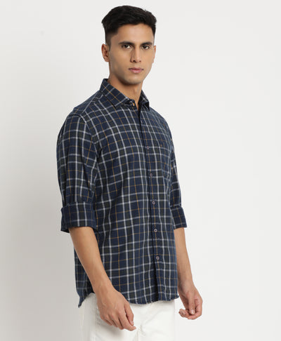 Cord Navy Blue Checkered Slim Fit Full Sleeve Casual Shirt