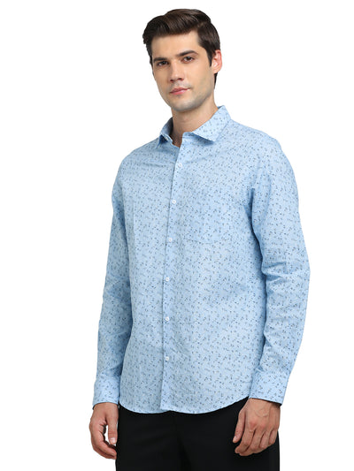 Cotton Linen Blue Printed Slim Fit Full Sleeve Formal Shirt