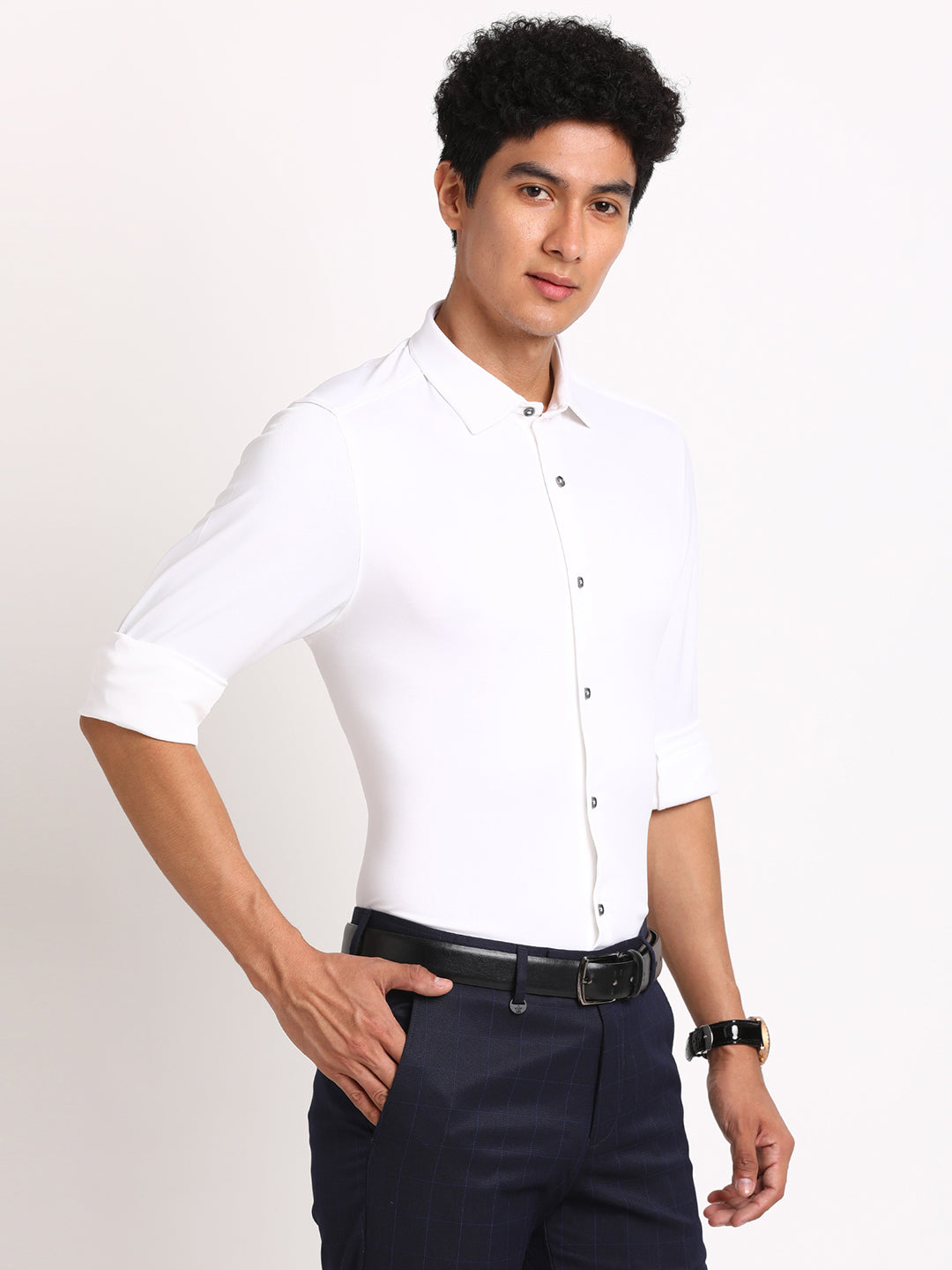 Poly Spandex Melange White Plain Ultra Slim Fit Full Sleeve Formal Shirt