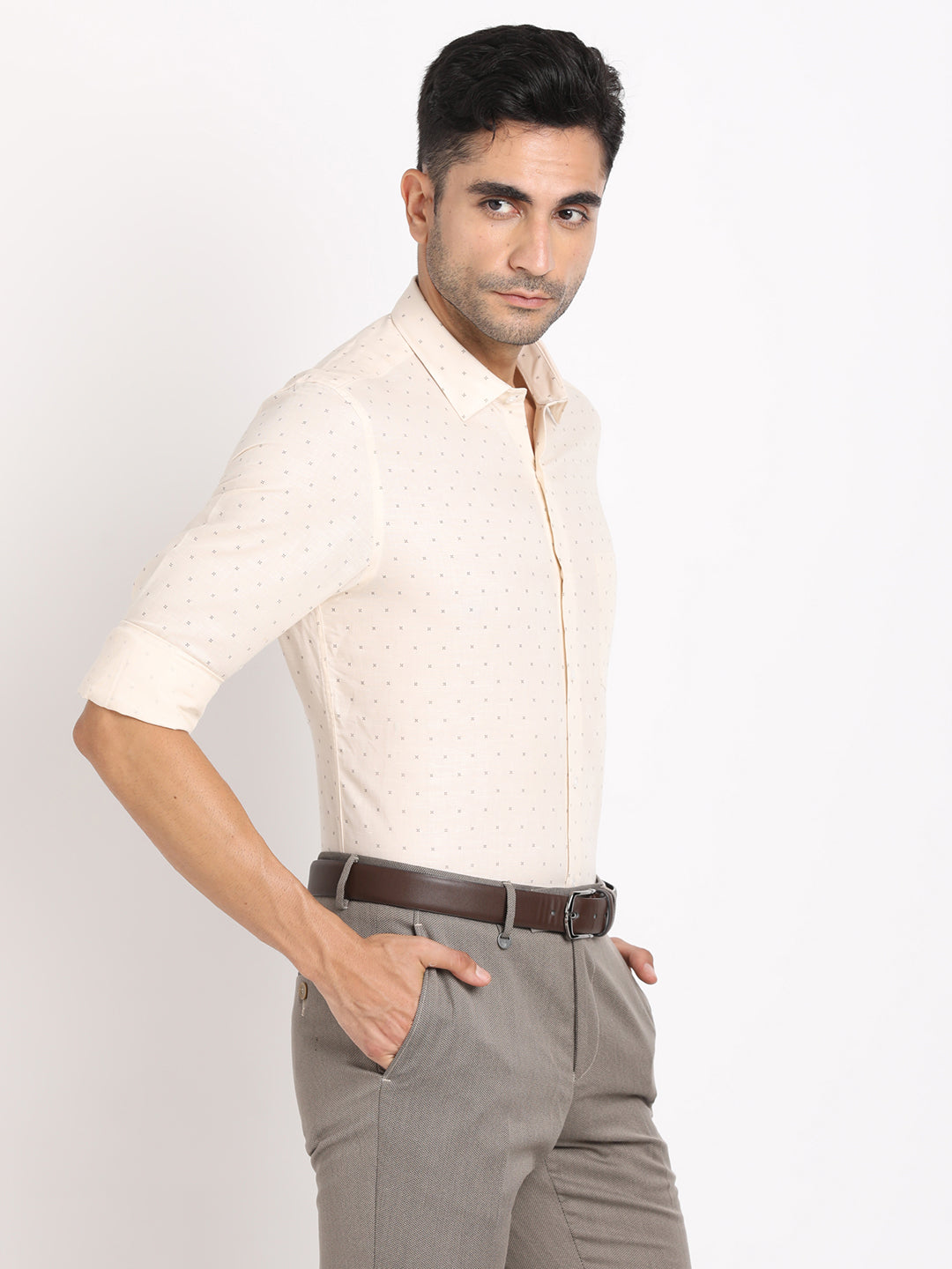 Cotton Linen Beige Printed Slim Fit Full Sleeve Formal Shirt