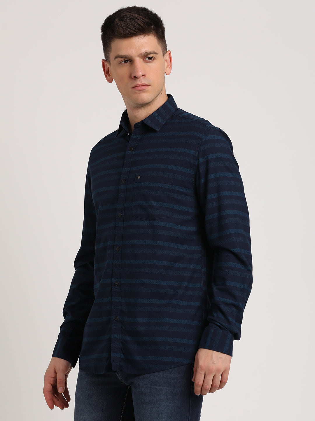 Cotton Viscose Blue Printed Slim Fit Full Sleeve Casual Shirt