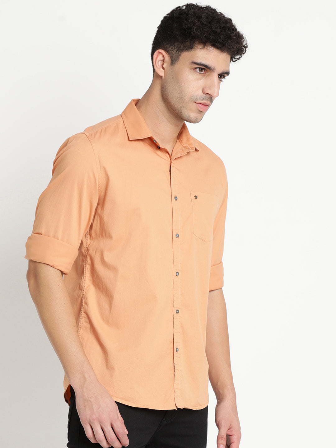 100% Cotton Peach Plain Slim Fit Full Sleeve Casual Shirt