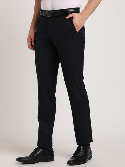 Poly Viscose Navy Plain Slim Fit Flat Front Formal Trouser