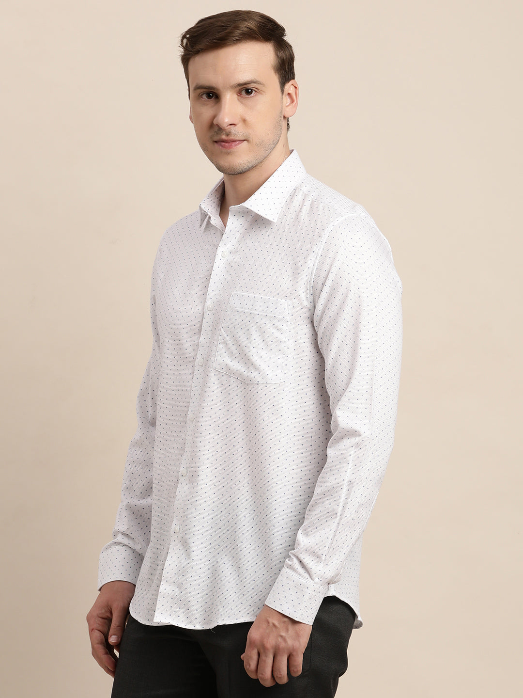 100% Cotton White Printed Slim Fit Full Sleeve Formal Shirt