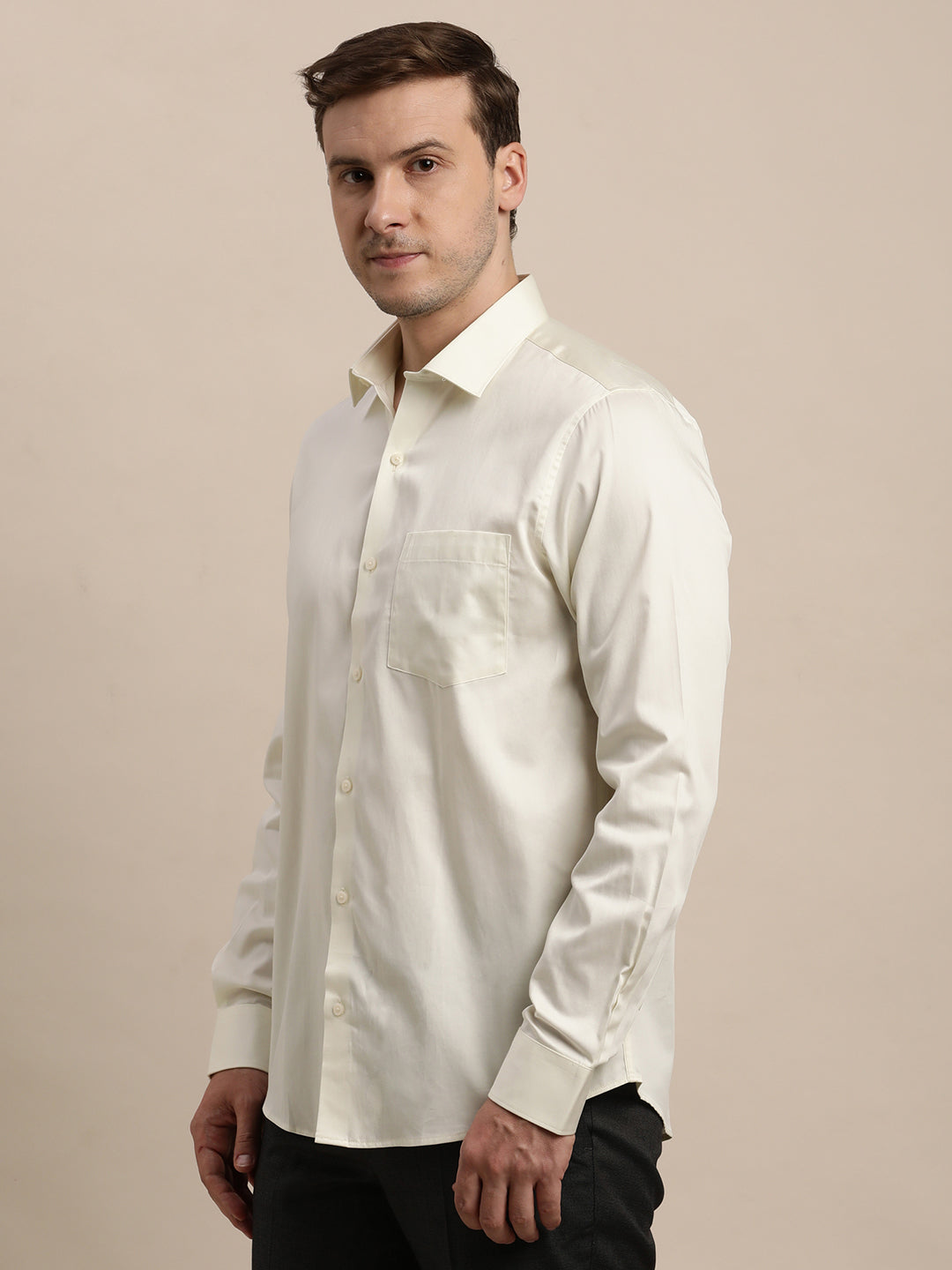 100% Cotton Cream Plain Slim Fit Full Sleeve Formal Shirt