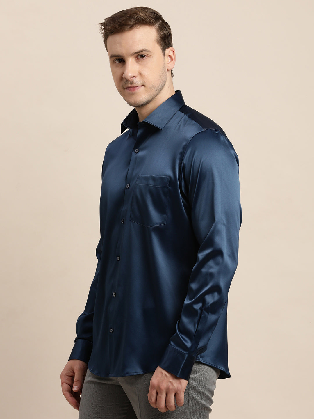 Poly Satin Blue Plain Slim Fit Full Sleeve Ceremonial Shirt