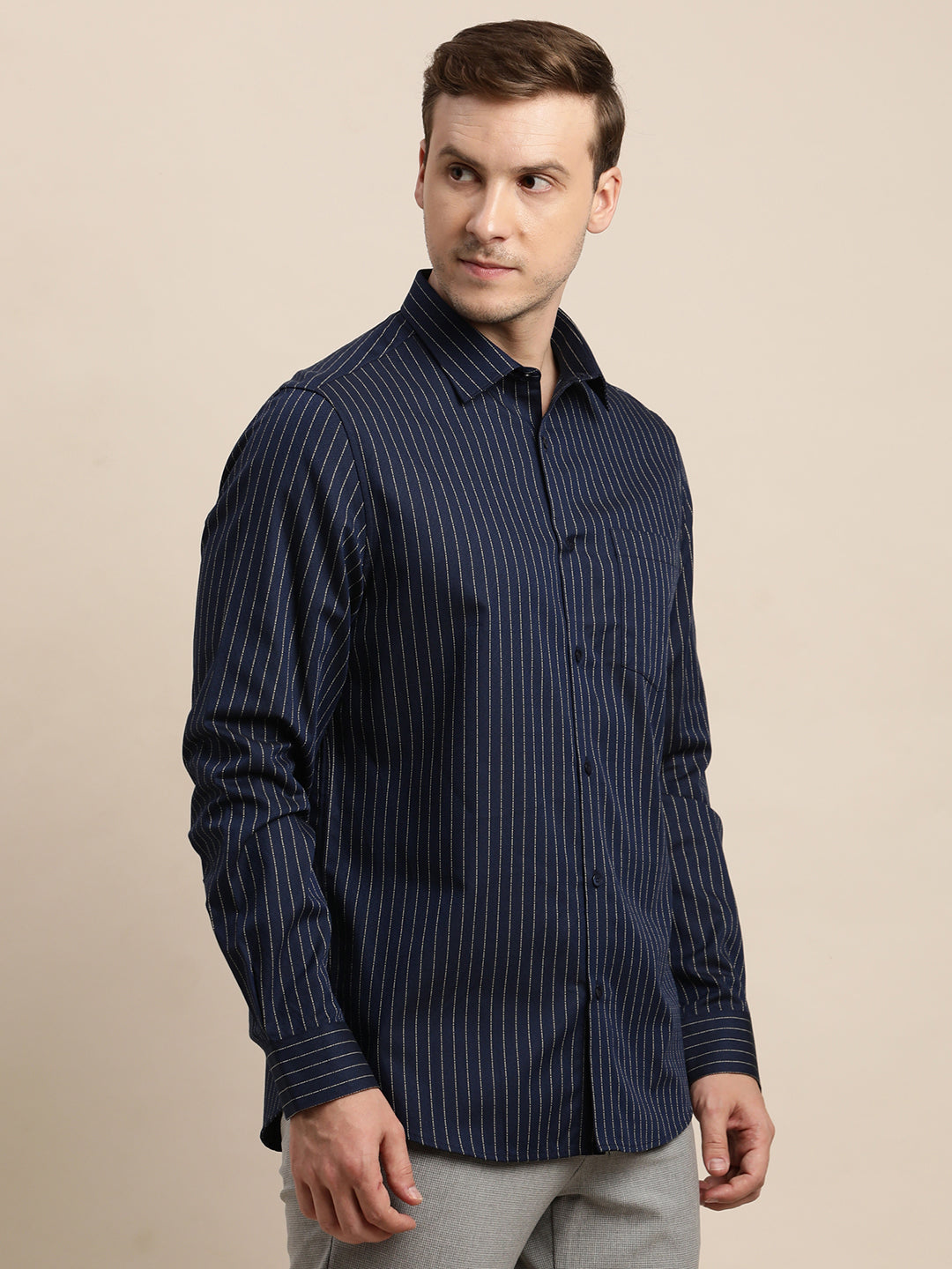 100% Cotton Navy Blue Striped Slim Fit Full Sleeve Formal Shirt