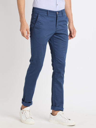 Cotton Stretch Blue Printed Narrow Fit Flat Front Casual Trouser