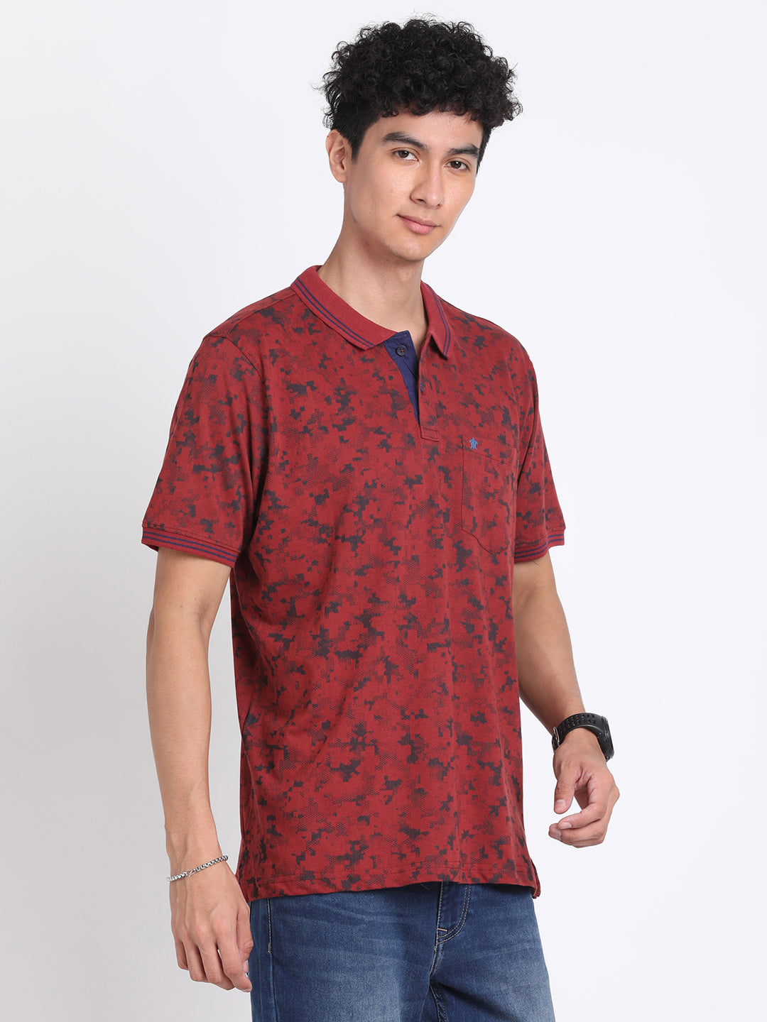 100% Cotton Maroon Printed Polo Neck Half Sleeve Casual T-Shirt