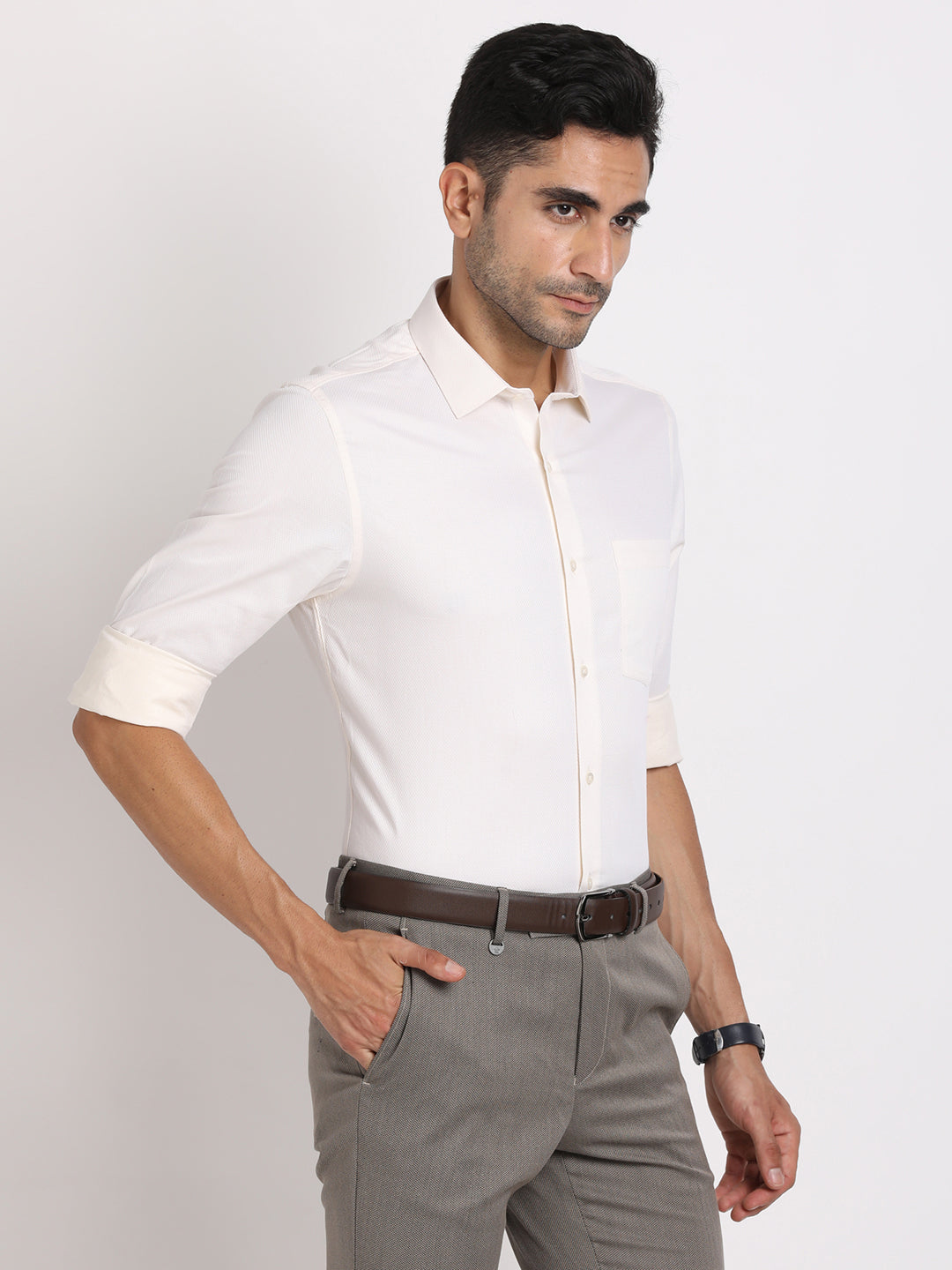 Giza Cotton White Dobby Slim Fit Full Sleeve Formal Shirt