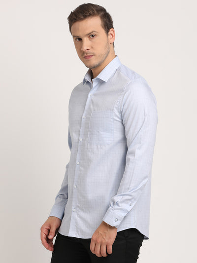 100% Cotton Light Blue Checkered Slim Fit Full Sleeve Formal Shirt