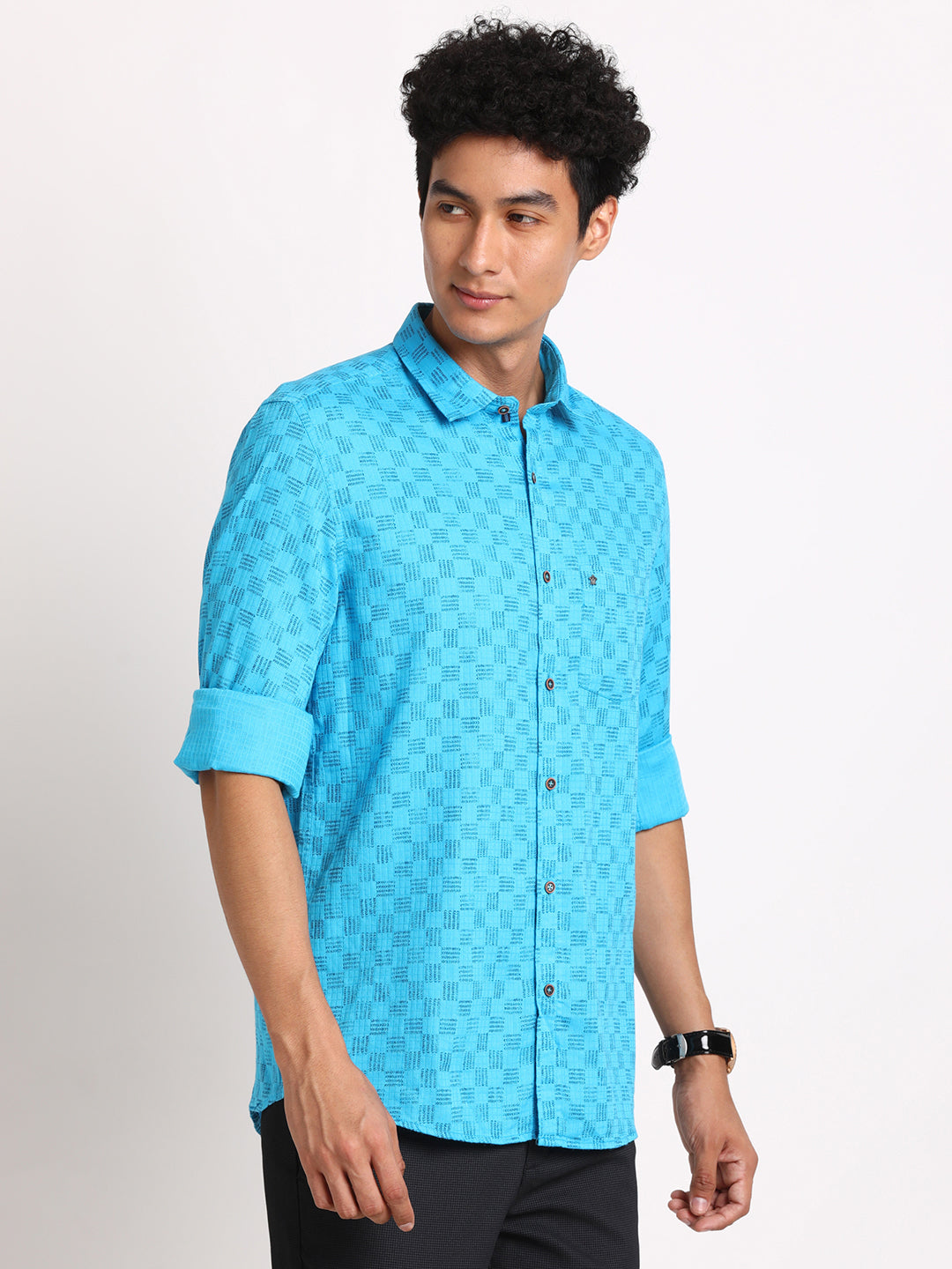 100% Cotton Light Blue Printed Slim Fit Full Sleeve Casual Shirt