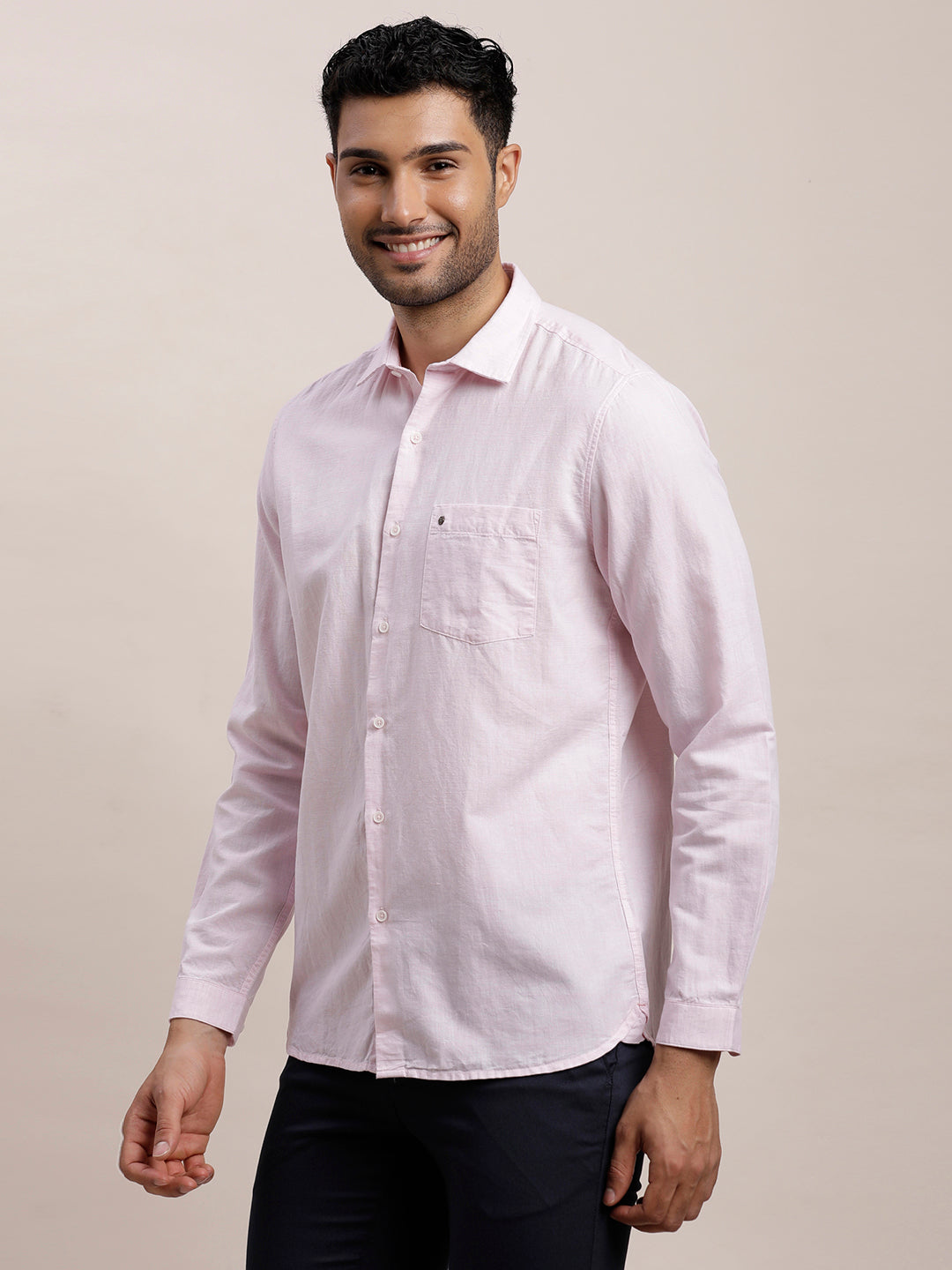 Cotton Linen Light Pink Plain Slim Fit Full Sleeve Casual Shirt