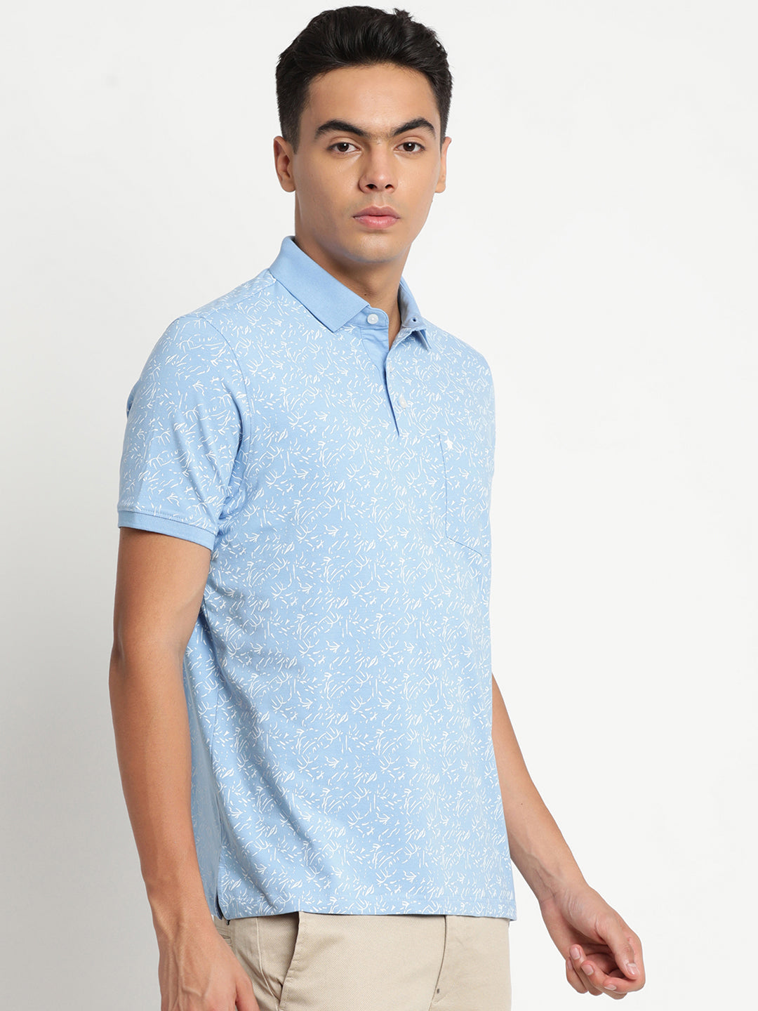 Cotton Sky Blue Printed Polo Neck T-Shirt