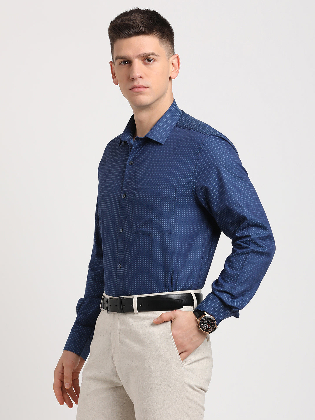 100% Cotton Blue Dobby Regular Fit Full Sleeve Formal Shirt