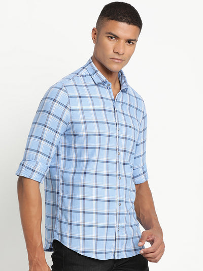 Cotton Melange Sky Blue Checkered Slim Fit Full Sleeve Casual Shirt