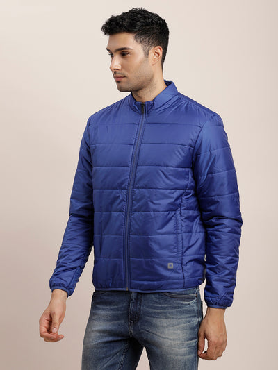 Nylon Solid Blue Zipper Windcheater Jacket