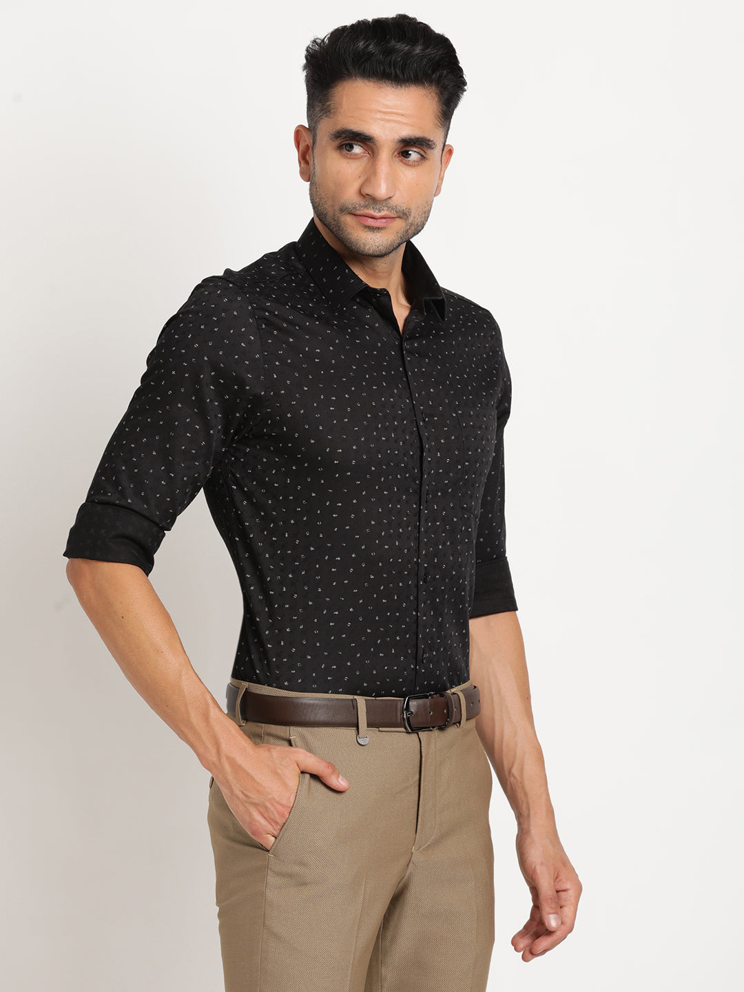 100% Cotton Black Printed Slim Fit Full Sleeve Formal Shirt