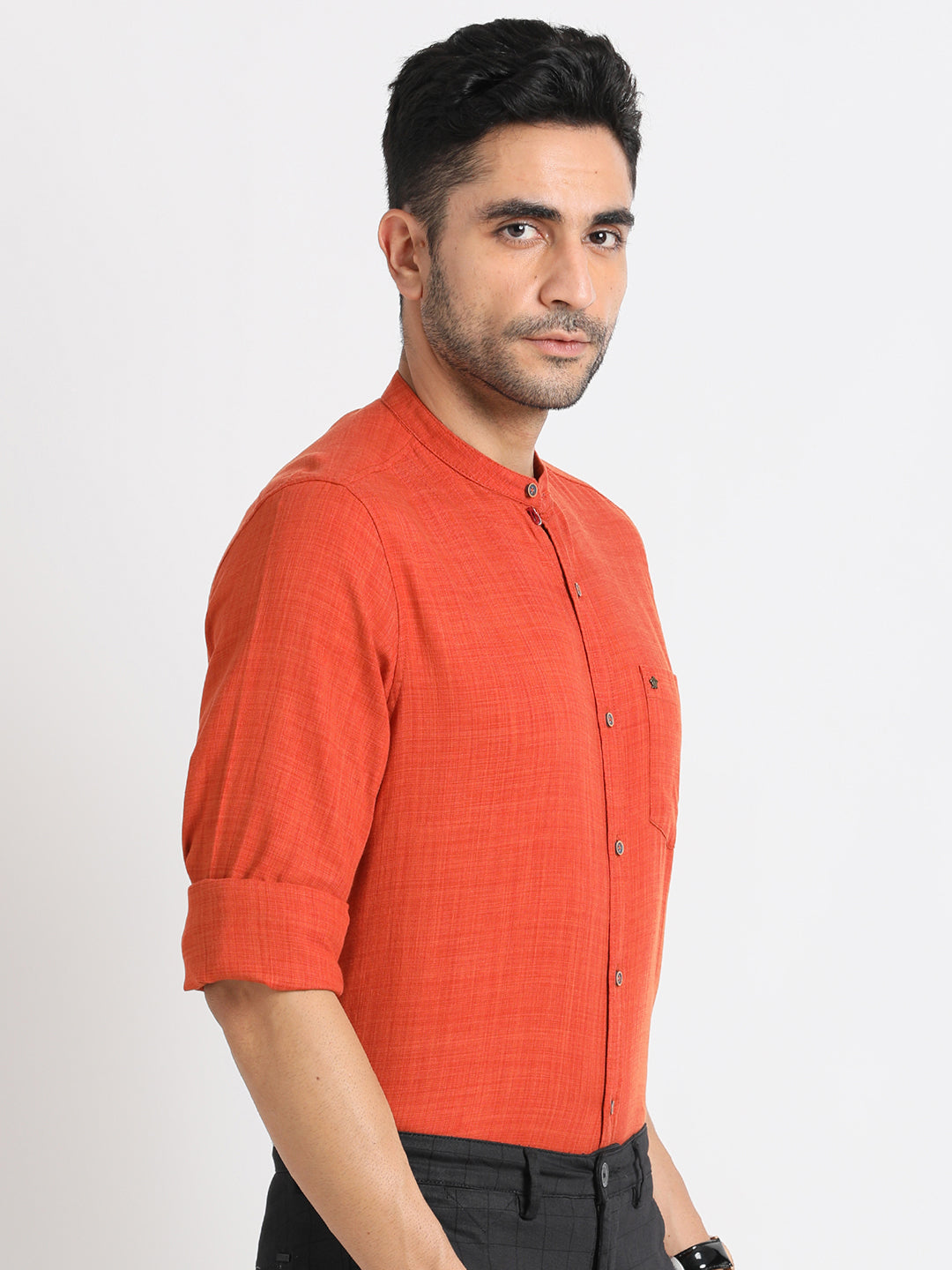 Cotton Lyocell Orange Plain Slim Fit Full Sleeve Casual Shirt