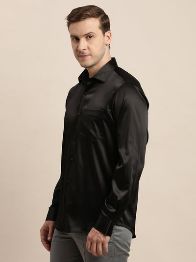 Poly Satin Black Plain Slim Fit Full Sleeve Ceremonial Shirt