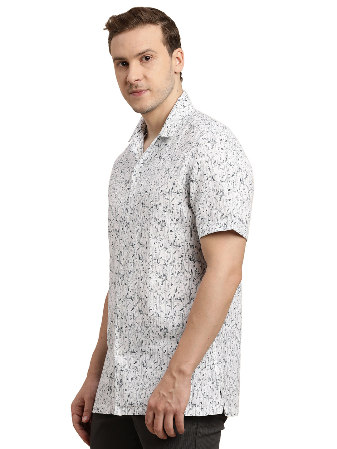 Cotton Linen White Printed Slim Fit Half Sleeve Casual Shirt