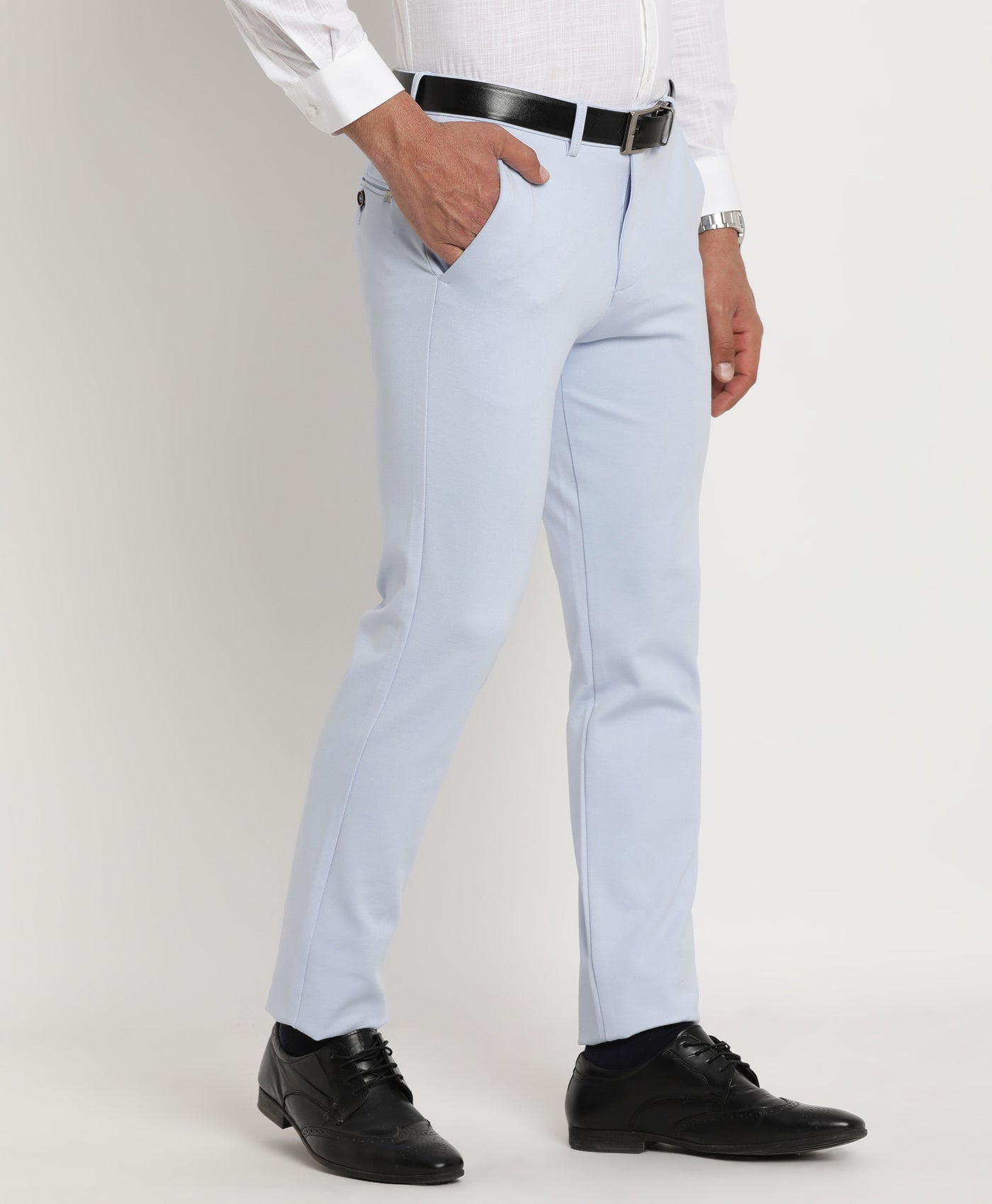 Cotton Stretch Sky Blue Plain Ultra Slim Fit Flat Front Casual Trouser