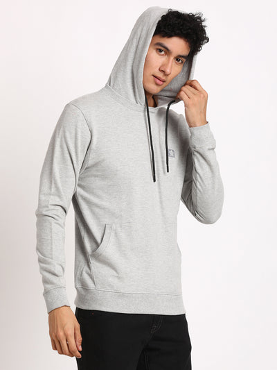 Poly Cotton Grey Melange Plain Regular Fit Full Sleeve Casual Hooded Sweatshirt