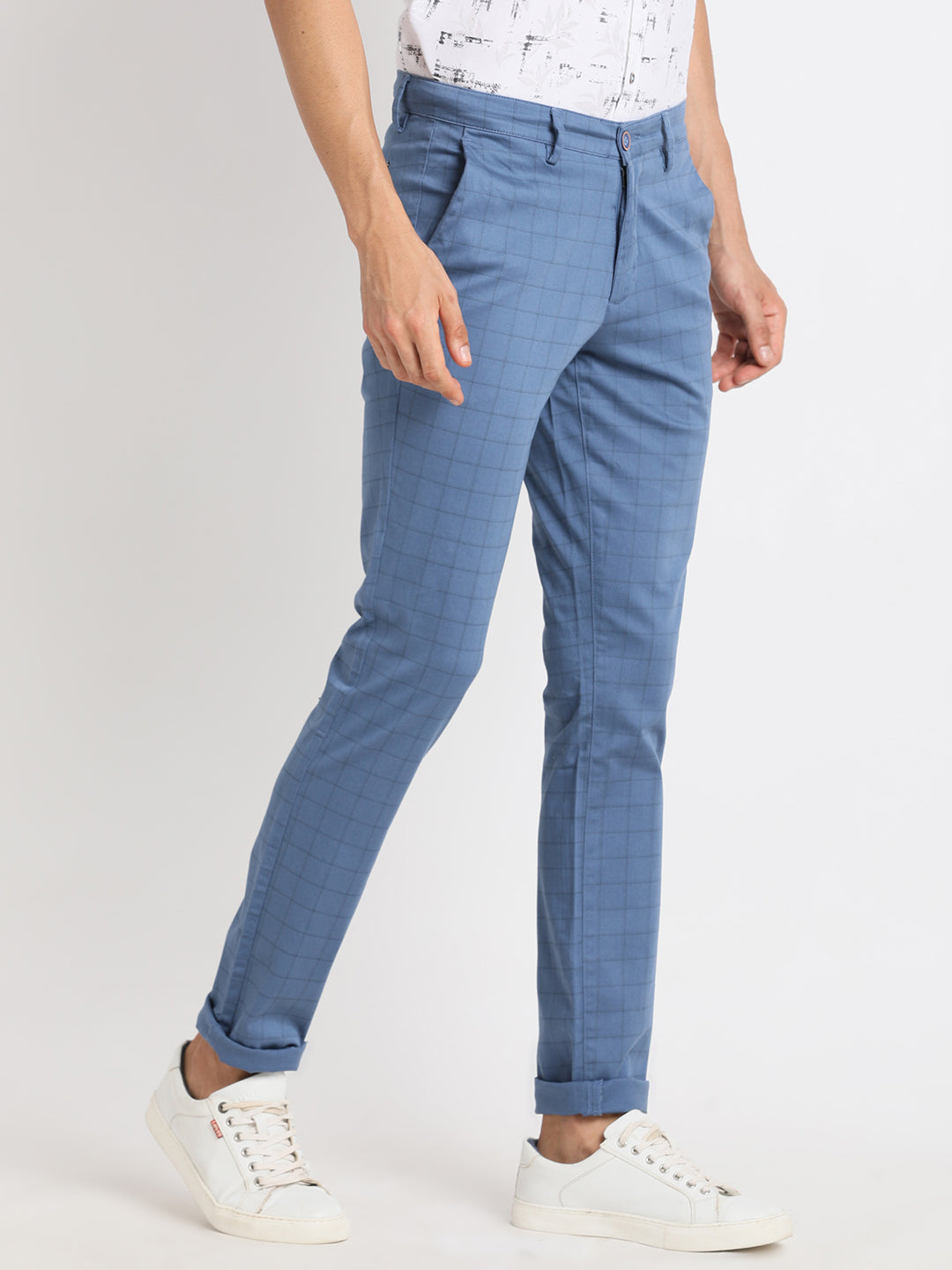 Cotton Stretch Blue Checkered Narrow Fit Flat Front Casual Trouser