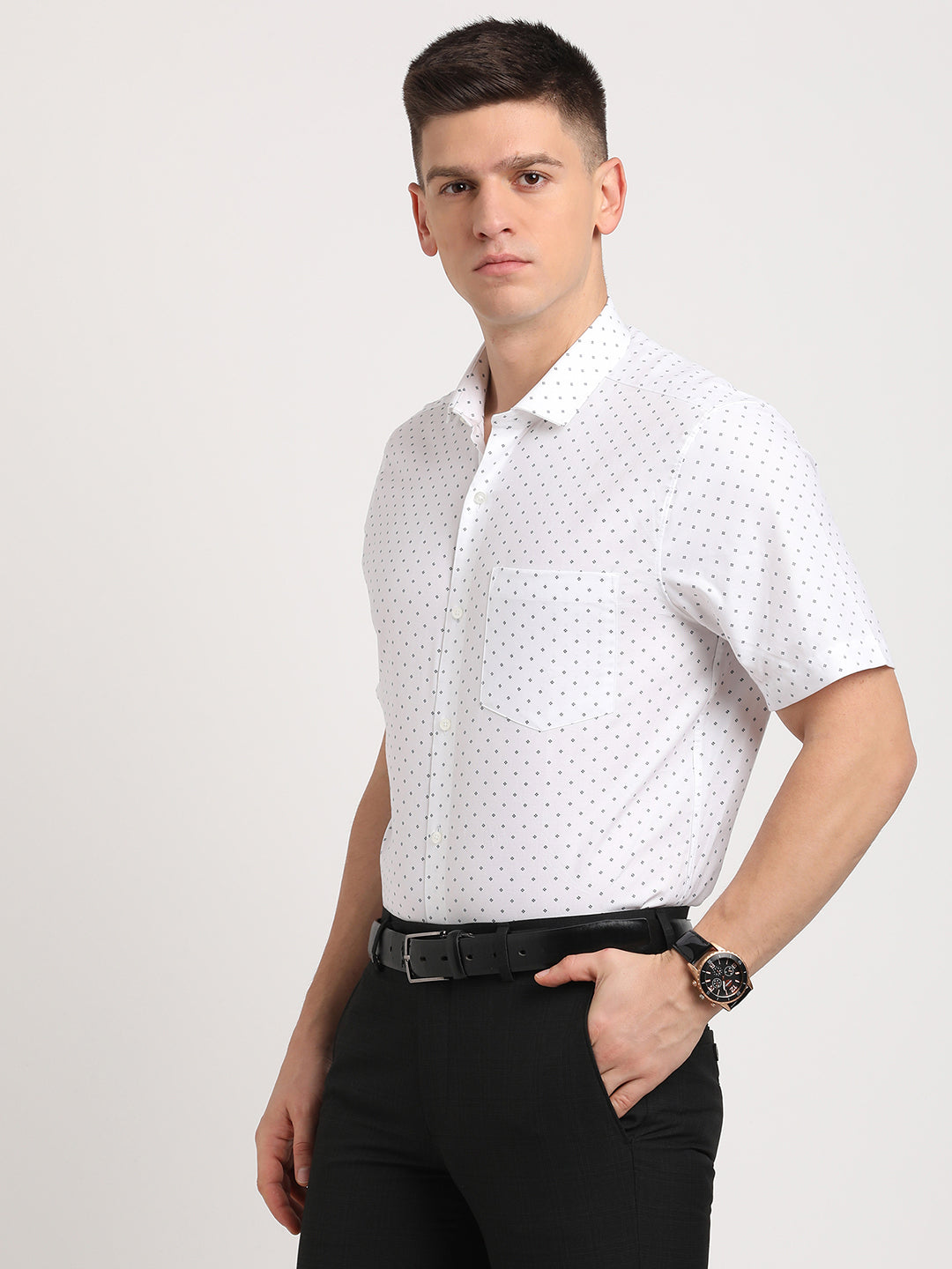 100% Cotton White Printed Slim Fit Half Sleeve Formal Shirt