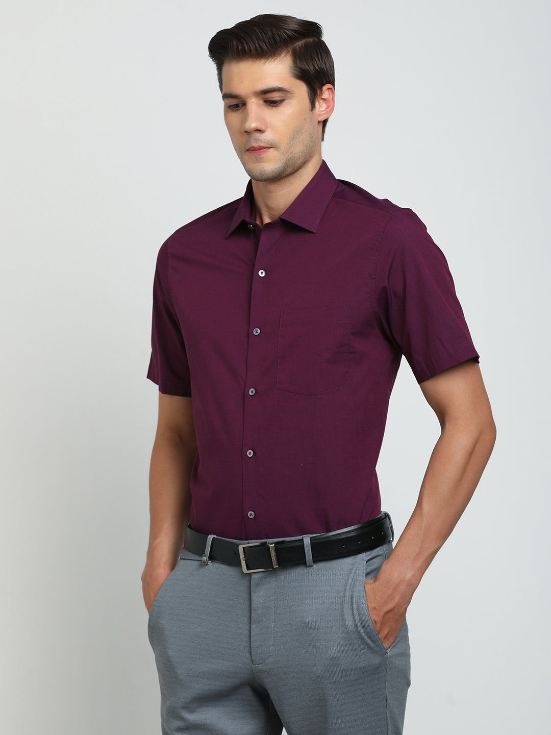 100% Cotton Purple Plain Slim Fit Half Sleeve Formal Shirt
