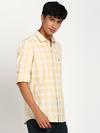 100% Cotton Yellow Checkered Slim Fit Full Sleeve Casual Shirt