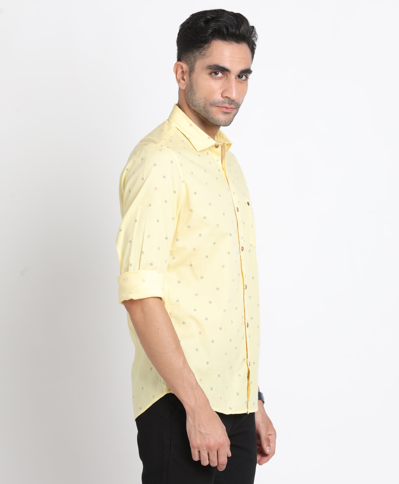 100% Cotton Yellow Printed Slim Fit Full Sleeve Casual Shirt