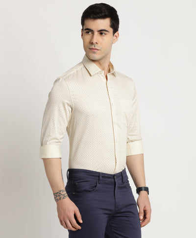 100% Cotton Beige Printed Slim Fit Full Sleeve Formal Shirt