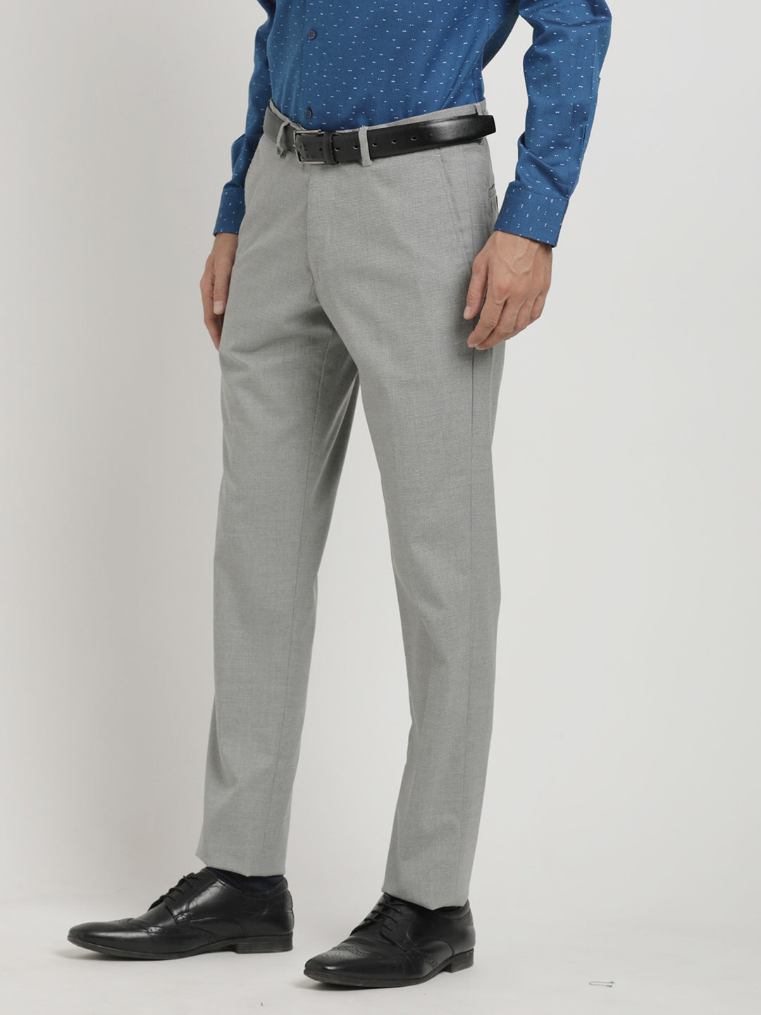 Poly Viscose Stretch Light Grey Plain Slim Fit Flat Front Formal Trouser
