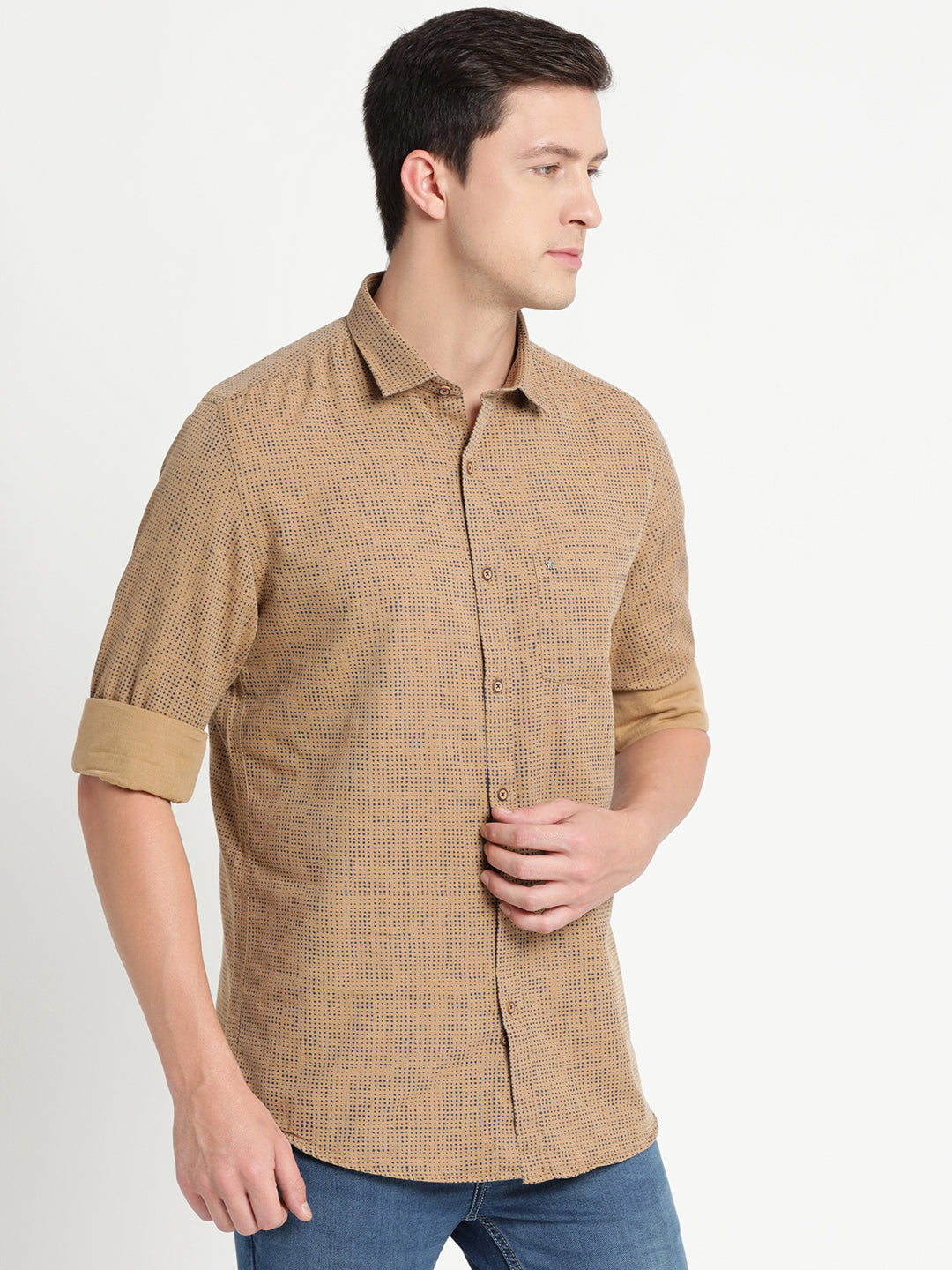 Cotton Melange Khaki Printed Slim Fit Full Sleeve Casual Shirt