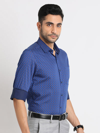 100% Cotton Blue Printed Slim Fit Full Sleeve Formal Shirt