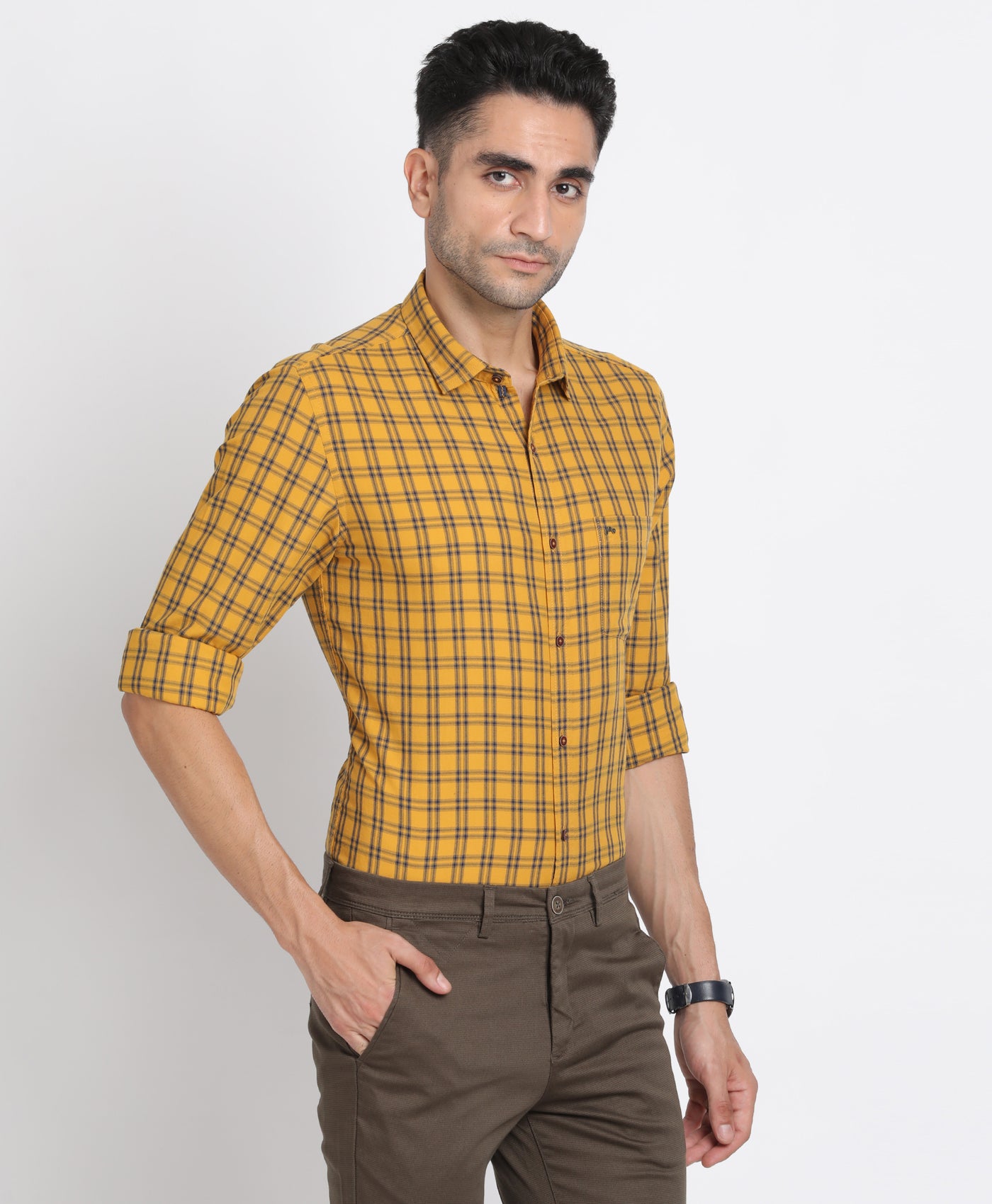 Cotton Lyocell Yellow Checkered Slim Fit Full Sleeve Casual Shirt