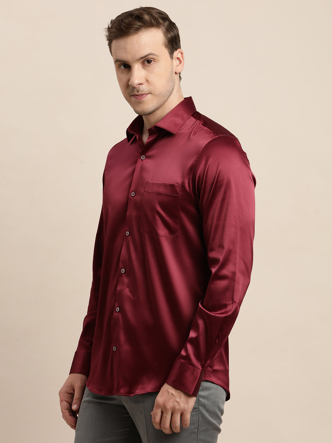 Poly Satin Maroon Plain Slim Fit Full Sleeve Ceremonial Shirt