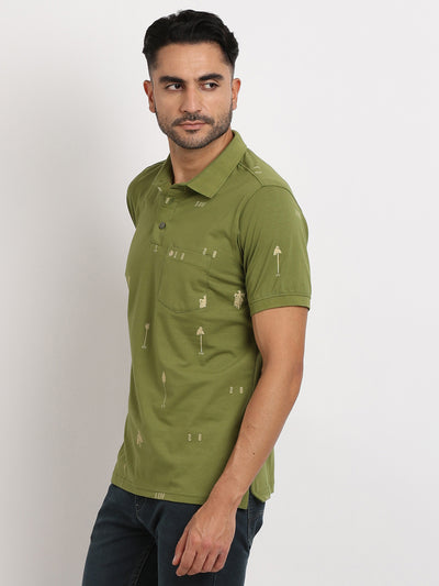 Knitted Green Printed Polo Neck Half Sleeve Casual T-Shirt