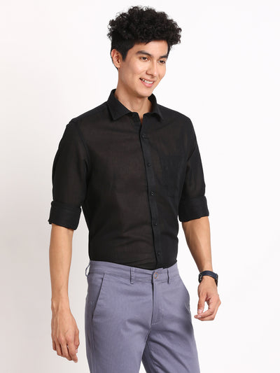 Cotton Linen Black Plain Slim Fit Full Sleeve Formal Shirt