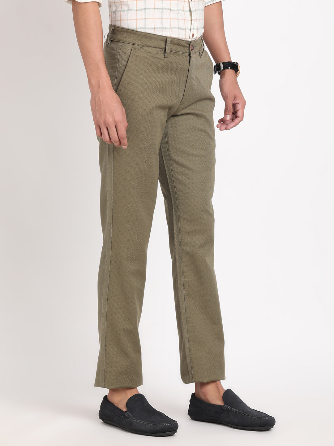 Cotton Stretch Olive Dobby Ultra Slim Fit Flat Front Casual Trouser