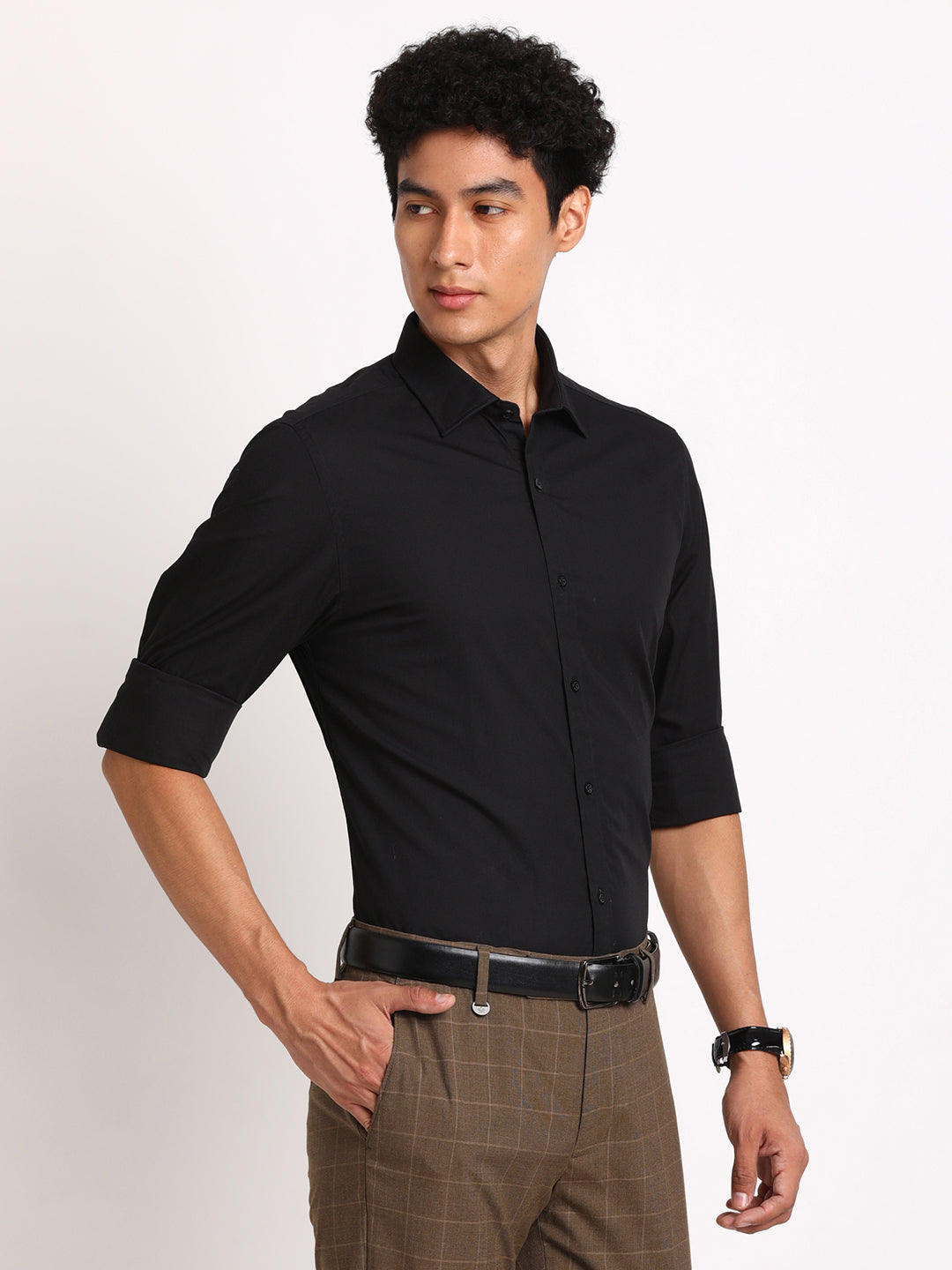 Cotton Blend Black Self Design Slim Fit Full Sleeve Casual Shirt